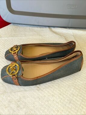 Michael Kors Denim Blue Flats with Brown Leather Trim & Gold MK Emblem